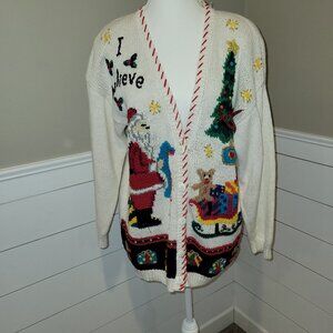Upscale Ivory Christmas Sweater with Santa & Xmas Tree -Size M